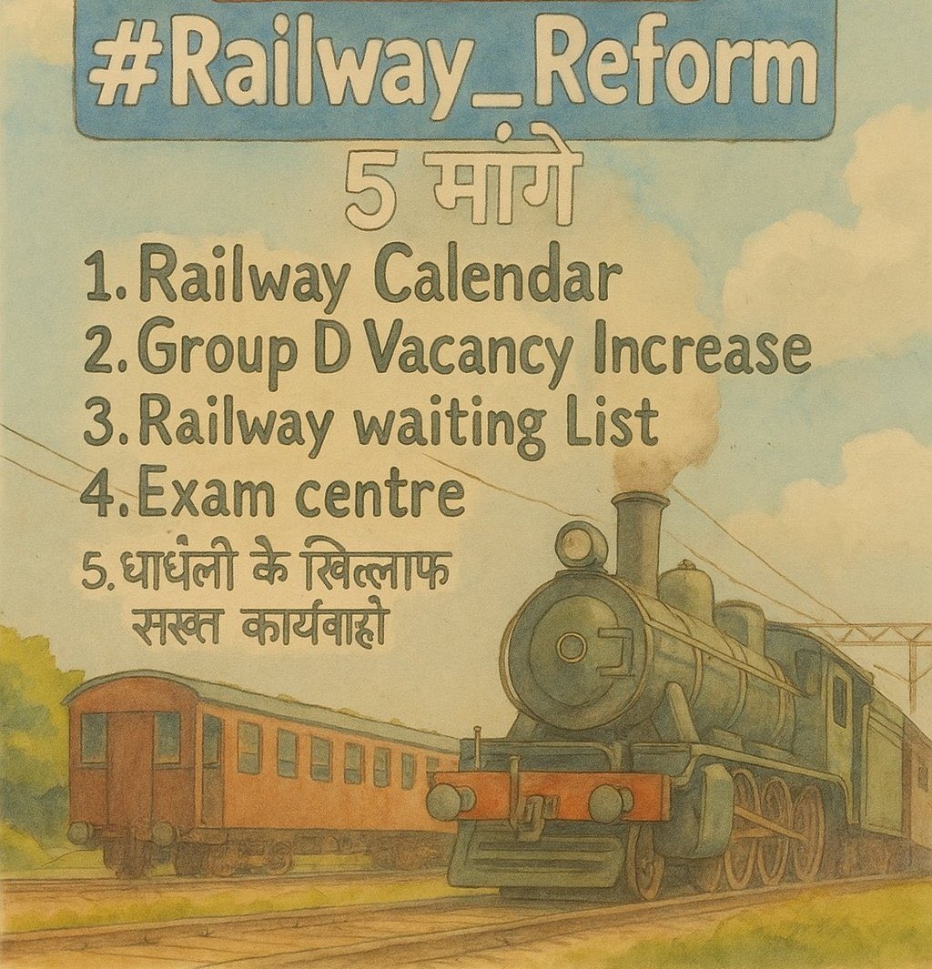 हमारी 5 माँगे साफ़ हैं:
1- Railway Calendar जारी हो
2- Group D Vacancy बढ़ाई जाए
3- Waiting List घोषित हो
4- Exam Centre पास में दिया जाए
5- धांधली पर सख़्त कार्रवाई हो

भविष्य के साथ मज़ाक अब बर्दाश्त नहीं!
हमारी मेहनत का सम्मान चाहिए, बहाने नहीं
#Railway_Reform