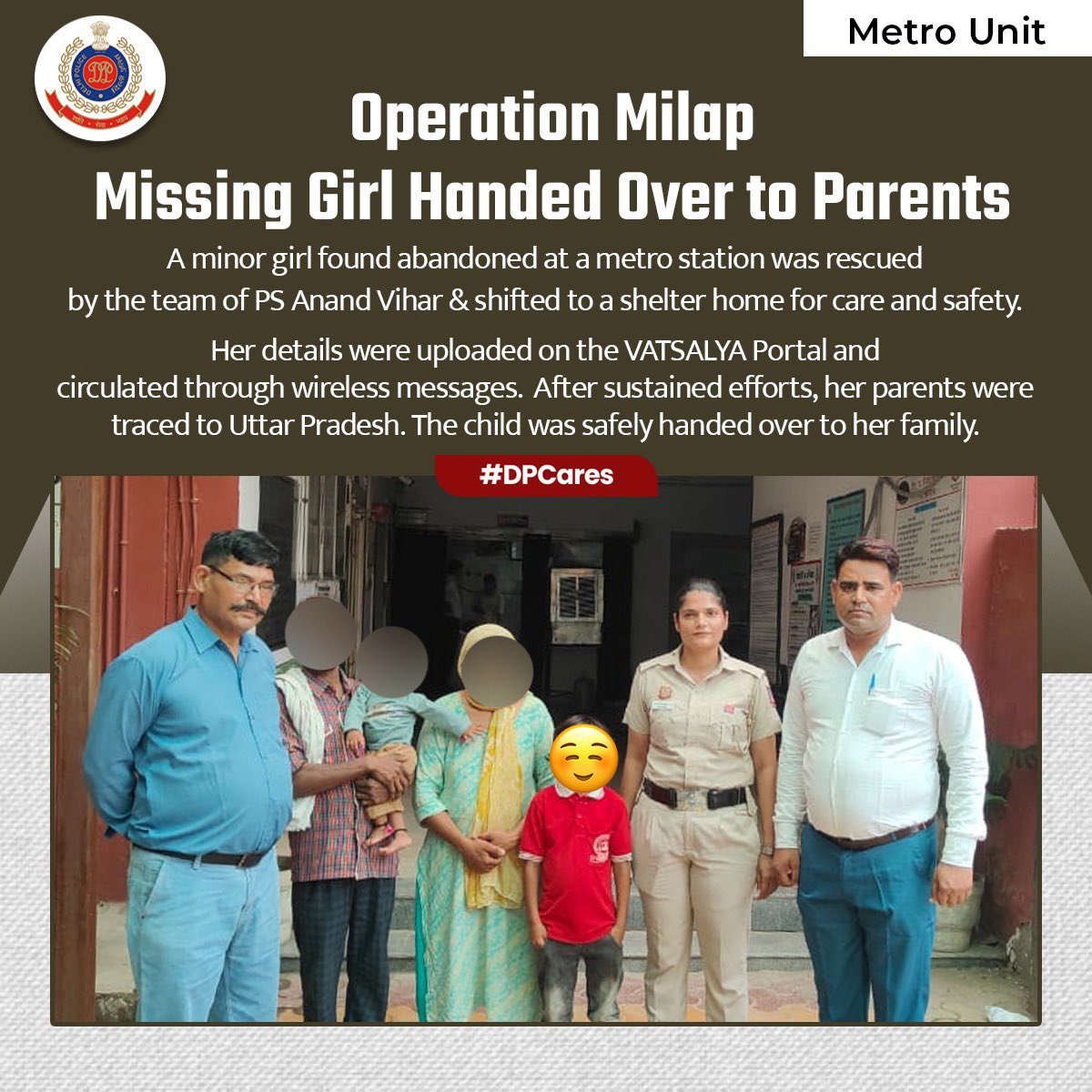 DCP Metro Delhi (@dcp_delhimetro) on Twitter photo A minor girl found abandoned at a metro station was rescued by the team of PS YDM & shifted to a shelter home for care and safety.After sustained efforts, her parents were traced and handed over to them.
#DPCares
<a href="/DelhiPolice/">Delhi Police</a>
<a href="/CPDelhi/">CP Delhi #DilKiPolice</a> A minor girl found abandoned at a metro station was rescued by the team of PS YDM & shifted to a shelter home for care and safety.After sustained efforts, her parents were traced and handed over to them.
#DPCares
<a href="/DelhiPolice/">Delhi Police</a>
<a href="/CPDelhi/">CP Delhi #DilKiPolice</a>