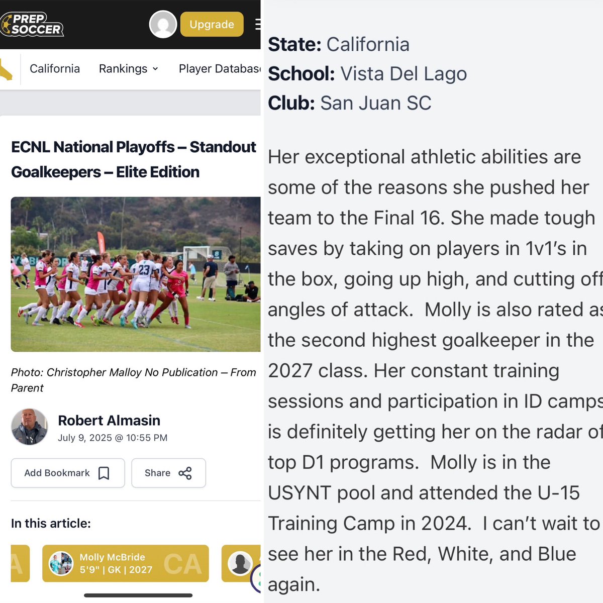 Molly McBride (@mollymcbride09) on Twitter photo Thank you for the mention <a href="/BayAreaSocScout/">Robert Almasin</a> and <a href="/PrepSoccer/">Prep Soccer ⚽️</a>!
<a href="/ECNLgirls/">ECNL Girls</a> <a href="/USYNT/">U.S. Soccer YNT</a> <a href="/SJSCECNL/">San Juan SC ECNL</a> <a href="/ussoccer/">U.S. Soccer</a> Thank you for the mention <a href="/BayAreaSocScout/">Robert Almasin</a> and <a href="/PrepSoccer/">Prep Soccer ⚽️</a>!
<a href="/ECNLgirls/">ECNL Girls</a> <a href="/USYNT/">U.S. Soccer YNT</a> <a href="/SJSCECNL/">San Juan SC ECNL</a> <a href="/ussoccer/">U.S. Soccer</a>