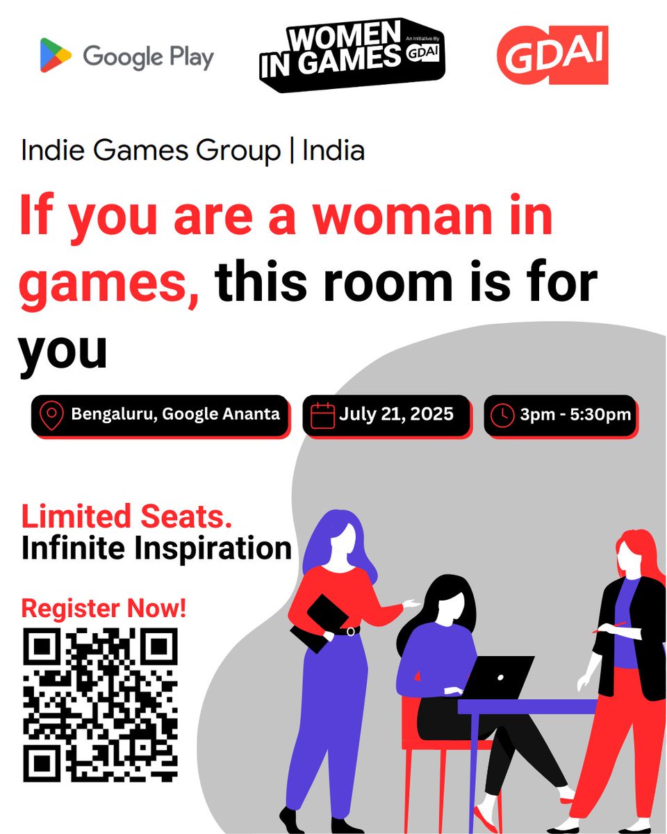 Are you a woman in games? This space is for YOU. 

Join us at Google Ananta, Bengaluru on July 21, 2025, for an inspiring gathering of women shaping India’s game development future.

📅 Date: July 21, 2025
📍 Location: Google Ananta, Bengaluru
🕒 Time: 3:00 PM - 5:30 PM
🔗