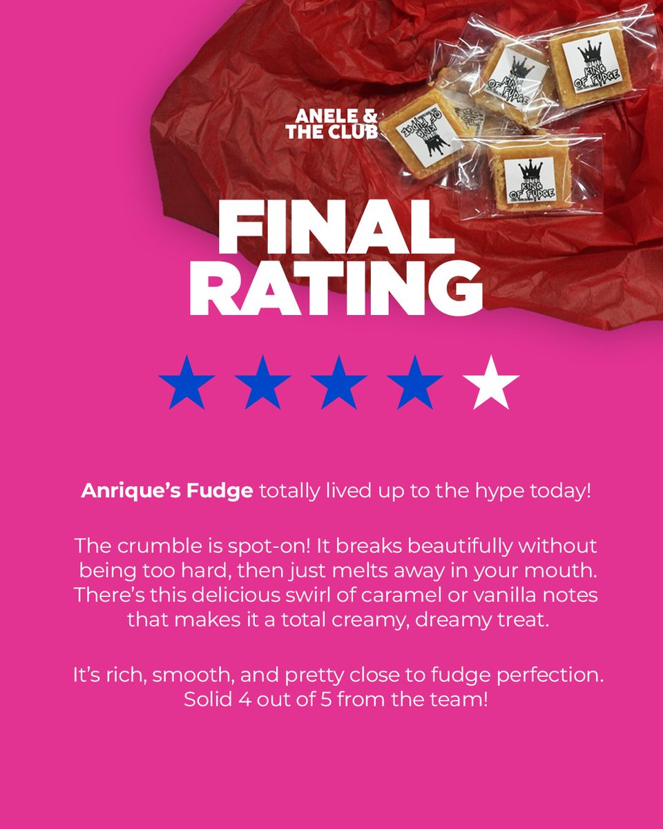 Anrique’s fudge is certified creamy dreamy! It’s got that perfect crumble, melts in your mouth, and has hints of vanilla or caramel that hit just right. 🍬

We gave it a solid 4/5, and honestly, we’d sneak a second piece if no one’s looking.

#AneleAndTheClubOn947
