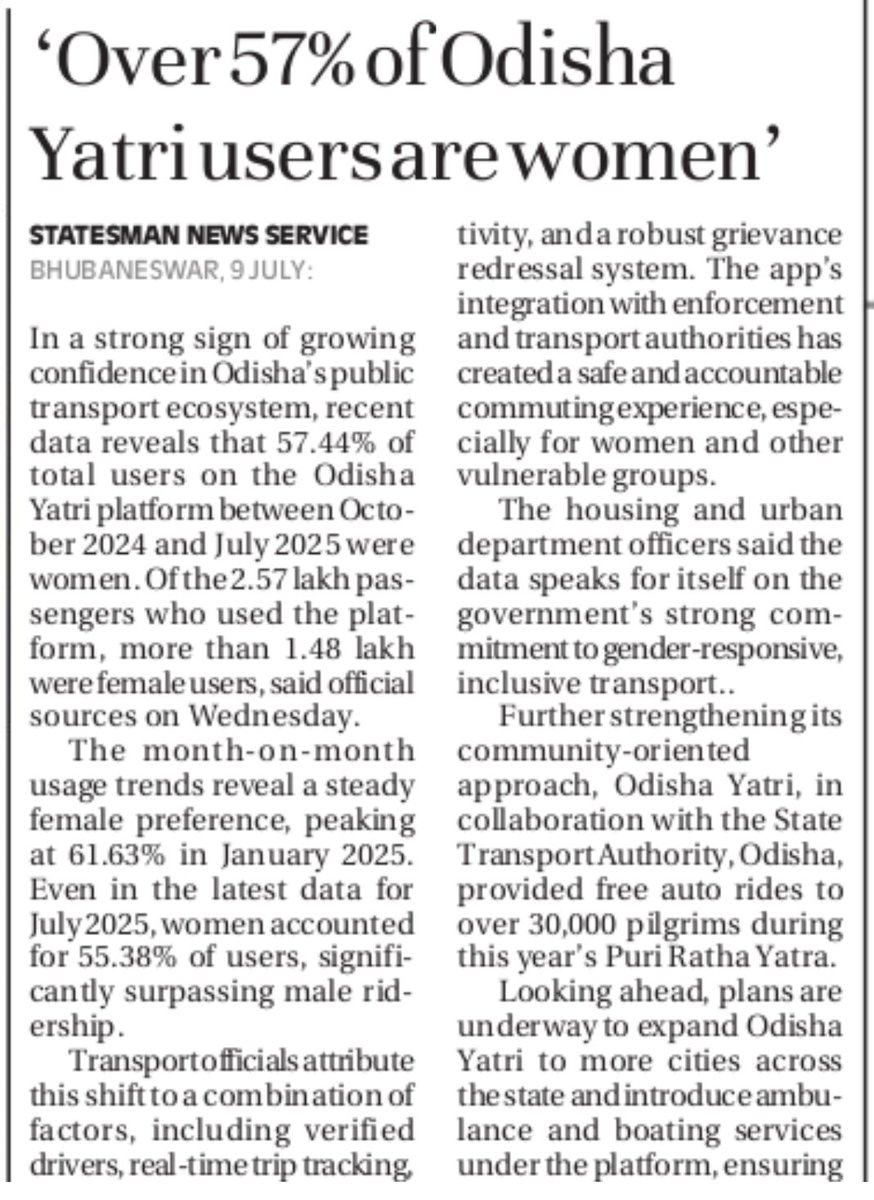 Wow! 57.44% of Odisha Yatri users are women. The data is from Oct 2024 to July 2025. A total of 2.57 lakh users have used the platform out of which 1.48 lakhs are female users.  In the month of Jan 2025 it reached 61.63%. <a href="/odishayatri/">Odisha Yatri</a> <a href="/nammayatri/">Namma Yatri</a>