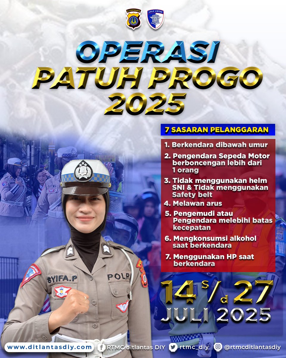 rtmc_diy's tweet photo. Operasi Patuh Progo 2025 Digelar Serentak Mulai 14 Juli, Ini 7 Sasaran Pelanggarannya https://t.co/11rSoAN9yO