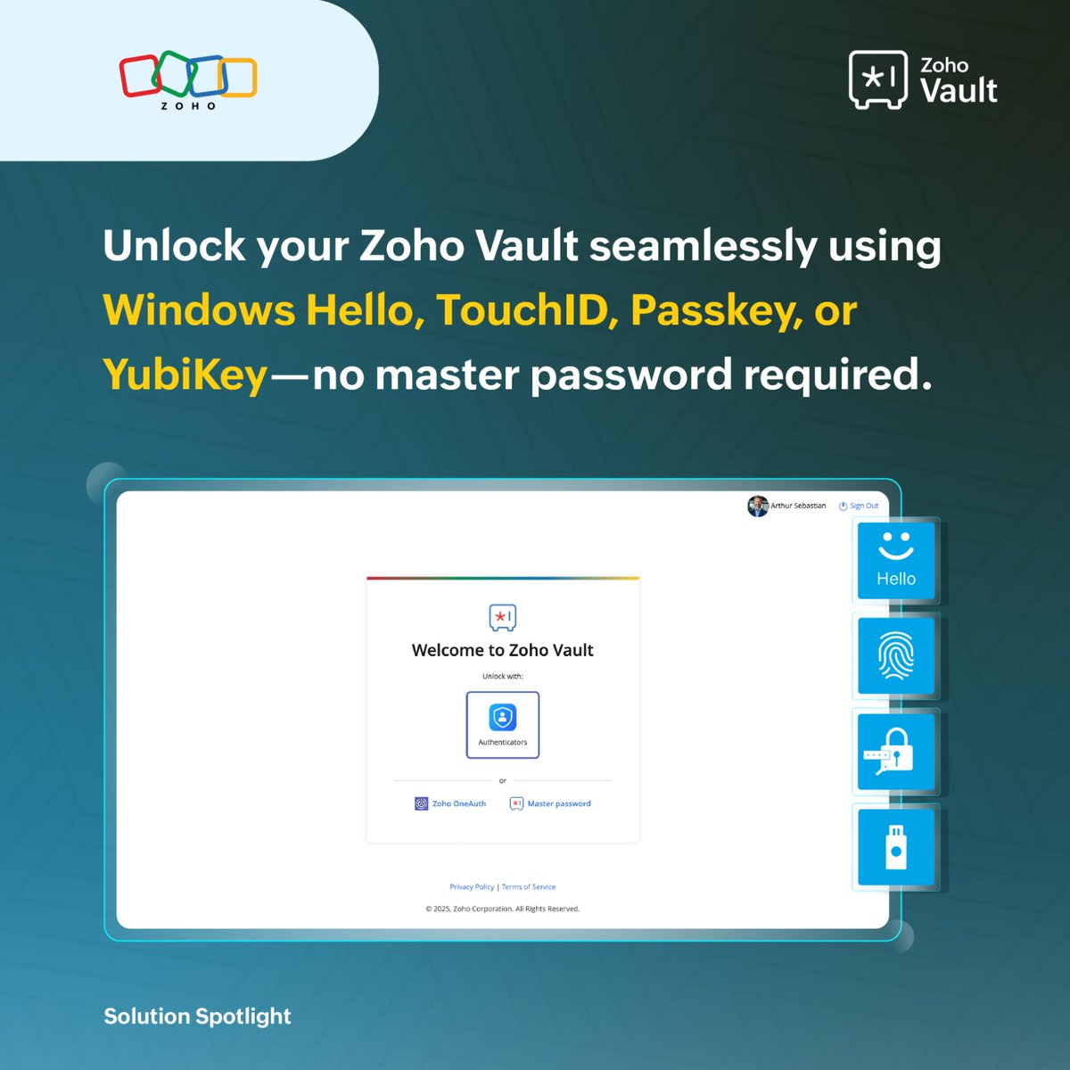 ZohoVault's tweet image. Unlock your Zoho Vault with ease! From Windows Hello to TouchID, Passkey, and YubiKey, enjoy fast, secure access without typing your master password. 🔑
🔗 Learn more here: zurl.co/ZQYKX
#SolutionSpotlight #DoMoreWithZohoVault #Passwordless #Cybersecurity
