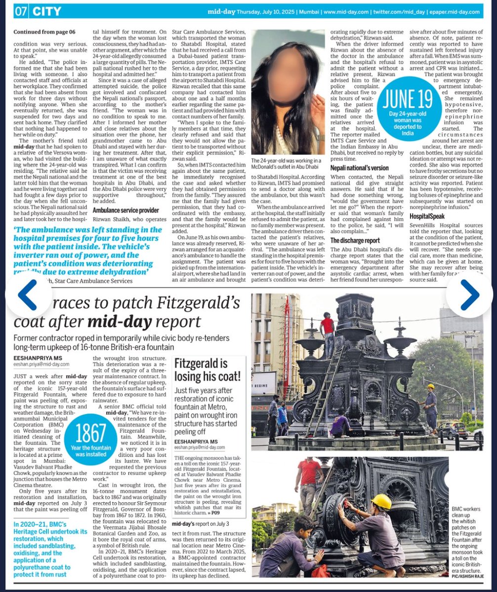 She left on an airplane, returned on a stretcher,
Young woman from Versova travelled to Abu Dhabi on the promise of a job in 2023
mid-day.com/mumbai/mumbai-… <a href="/VersovaPS/">वर्सोवा पोलीस ठाणे – Versova PS Mumbai</a> #Mumbai #AbuDhabi <a href="/DiwakarSharmaa/">Diwakar Sharma</a> <a href="/ShirishVaktania/">SHIRISH VAKTANIA</a> <a href="/mid_day/">Mid Day</a> <a href="/MumbaiNewsRT/">Mumbai News</a>