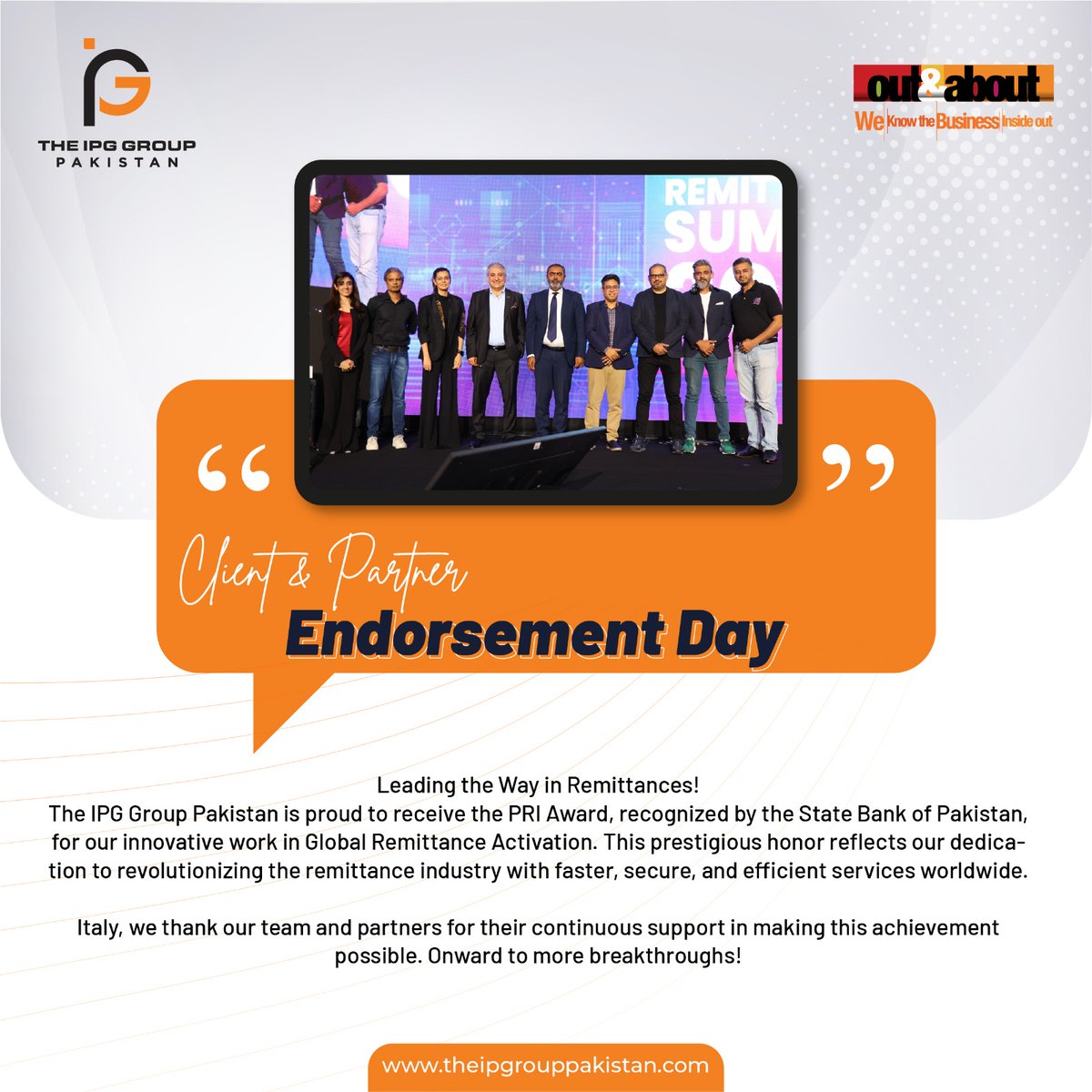 IpgPakistan's tweet photo. We’re honored to share that IPG Group of Pakistan has received the PRI Award, recognized by the State Bank of Pakistan.
Together, we’re driving impact and shaping the future of remittance.

#IPGGroup #PRIRecognition #GlobalRemittance #ClientAndPartnerEndorsementDay #SBP https://t.co/k1dTfOOdHO