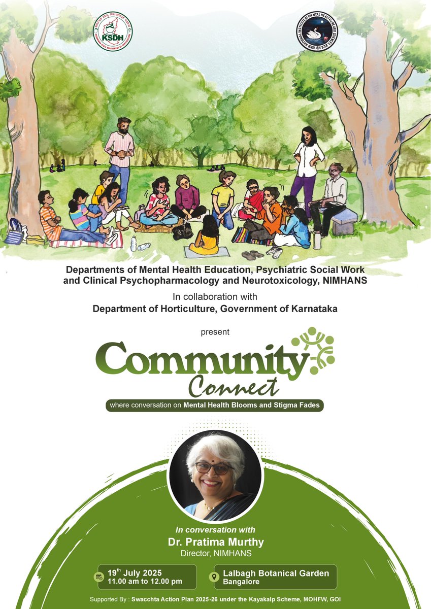 NIMHANS_BLR's tweet image. Join us for Community Connect — a heartfelt conversation on mental health with Dr. Pratima Murthy at Lalbagh Botanical Garden. 🌿
Let’s talk openly, grow together, and help stigma fade.
🗓️ 19 July | ⏰ 11 AM
#CommunityConnect #NIMHANS #BreakTheStigma #MentalHealth