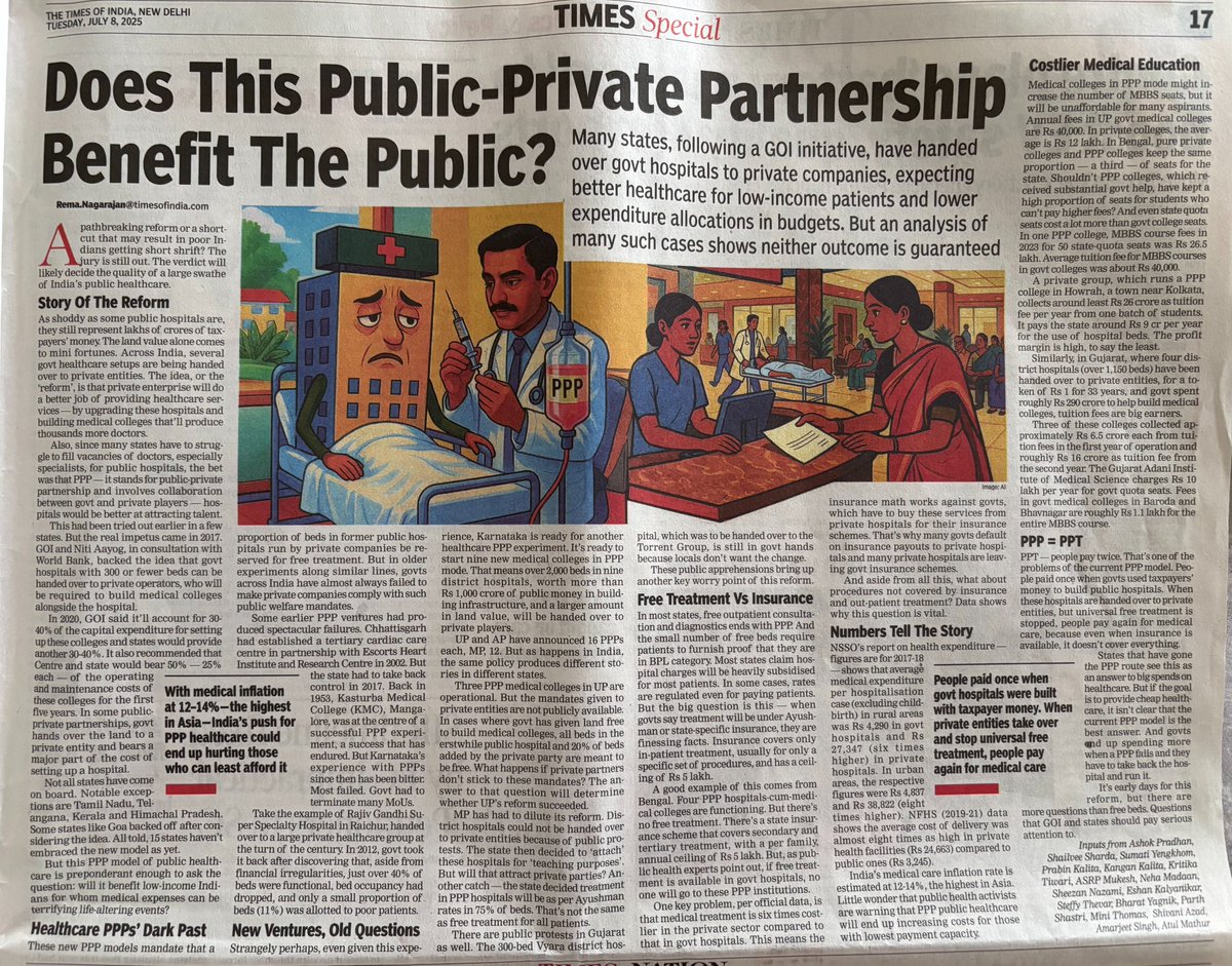 Across India, over 100 govt hospitals built with public money, with ~30,000 beds and over 1,400 acres of public land in prime areas are being handed over to private entities in the name of PPP
PPP=PPT(People Pay Twice)-once to build health infra and then to pay for pvt healthcare