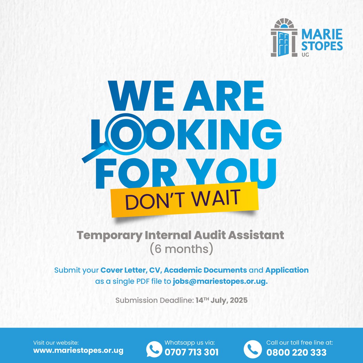 Are you a meticulous and driven individual looking for a new opportunity? 📢

We have an exciting opening for a Temporary Internal Audit Assistant (6 months)

Apply Now! 
mariestopes.or.ug/careers/vacanc…

Deadline to apply: July 14th, 2025