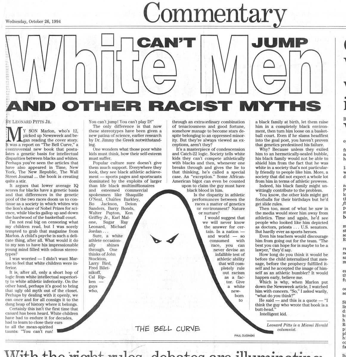 #TBThursday The San Jose Mercury News totally integrated this simple cartoon about the Bell Curve into the design of its Wednesday Commentary page on Oct. 26, 1994. Opinion piece is by Miami Herald columnist Leonard Pitts Jr.