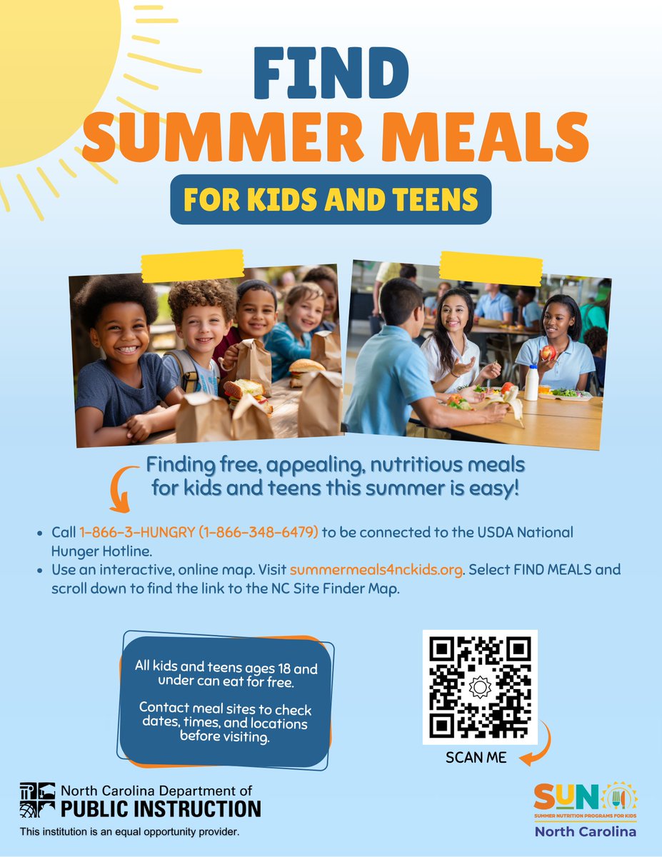 Finding free, appealing, nutritious meals for kids and teens this summer is easy!
- Call 1-866-3-HUNGRY (1-866-348-6479) for the USDA National Hunger Hotline.
- Use an interactive, online map at summermeals4nckids.org.