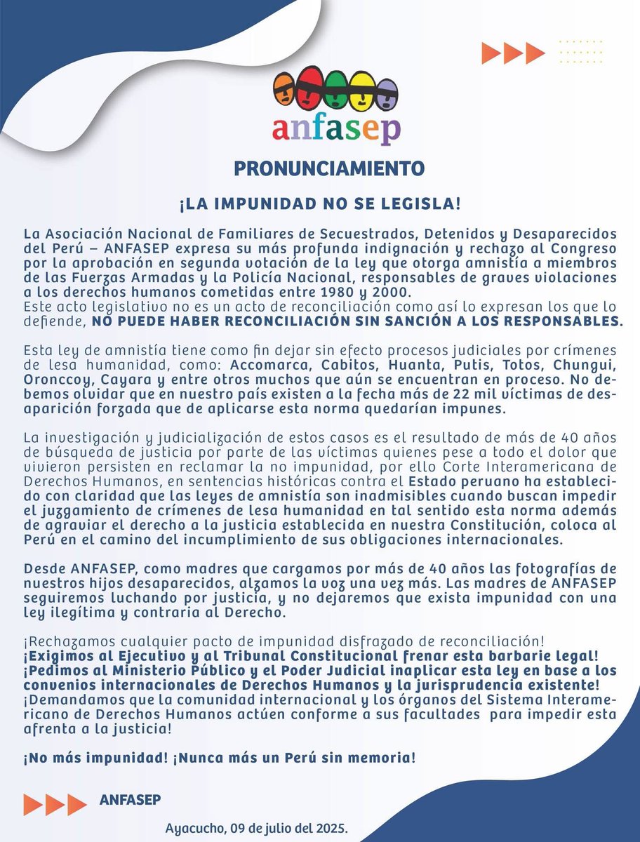 infopaispe's tweet image. #AYACUCHO ANFASEP rechaza aprobación de la ley que otorga amnistía a militares y policías responsables de violaciones a DDHH (1980-2000). Casos como Accomarca, Cabitos, Huanta, Putis, Cayara y Chungui quedarán impunes. Exigen al Ejecutivo, TC, MP y PJ detener esta barbarie legal.