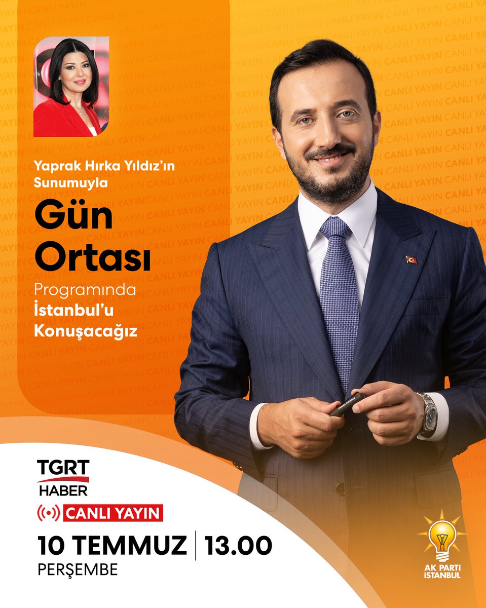 İstanbul’u konuşacağız. ✍🏻

10 Temmuz Perşembe günü (Bugün) saat 13.00’te TGRT Haber’de Yaprak Hırka Yıldız’ın moderatörlüğünde Gün Ortası programına konuk olacağım.

İstanbul’un dünü, bugünü ve yarınına dair önemli başlıkları ele alacağız. Şehrimizin gündemine dair söyleyecek
