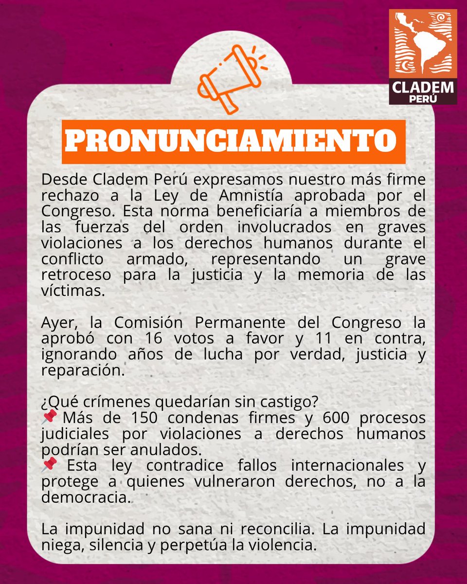 clademperu's tweet image. El @congresoperu aprobó una ley de amnistía que representa un grave retroceso y favorece la impunidad. Frente a esta situación expresamos nuestro firme rechazo. Por ello la @cnddhh realizará una conferencia de prensa:
📅 Jueves 10 de julio
⏱️10am
📍 Jr. Pezet y Monel 2467, Lince