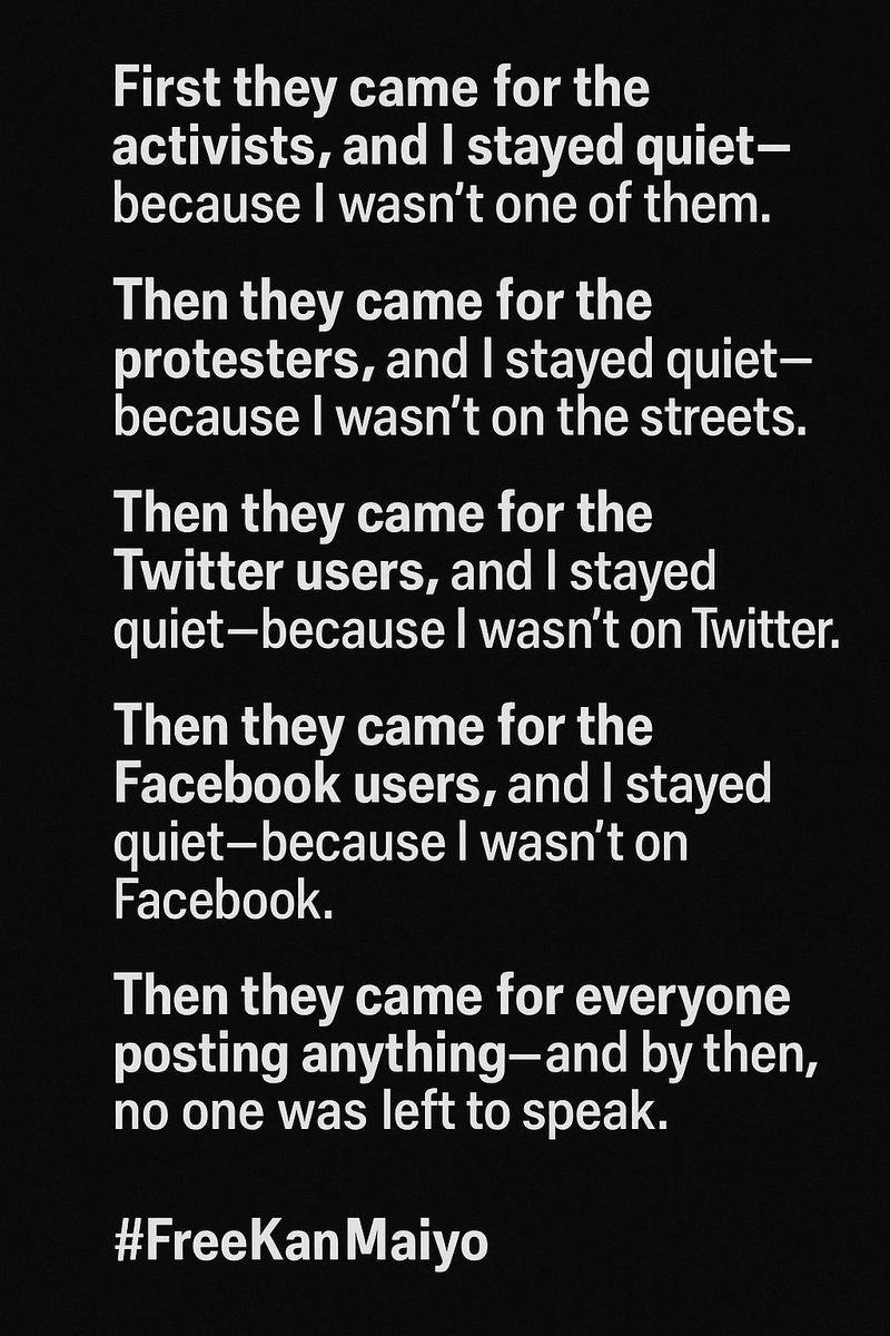 C_NyaKundiH's tweet image. First they came for the activists, and I stayed quiet — because I wasn’t one of them.

 Then they came for the protesters, and I stayed quiet — because I wasn’t on the streets.

 Then they came for the Twitter users, and I stayed quiet — because I wasn’t on Twitter.

 Then they…