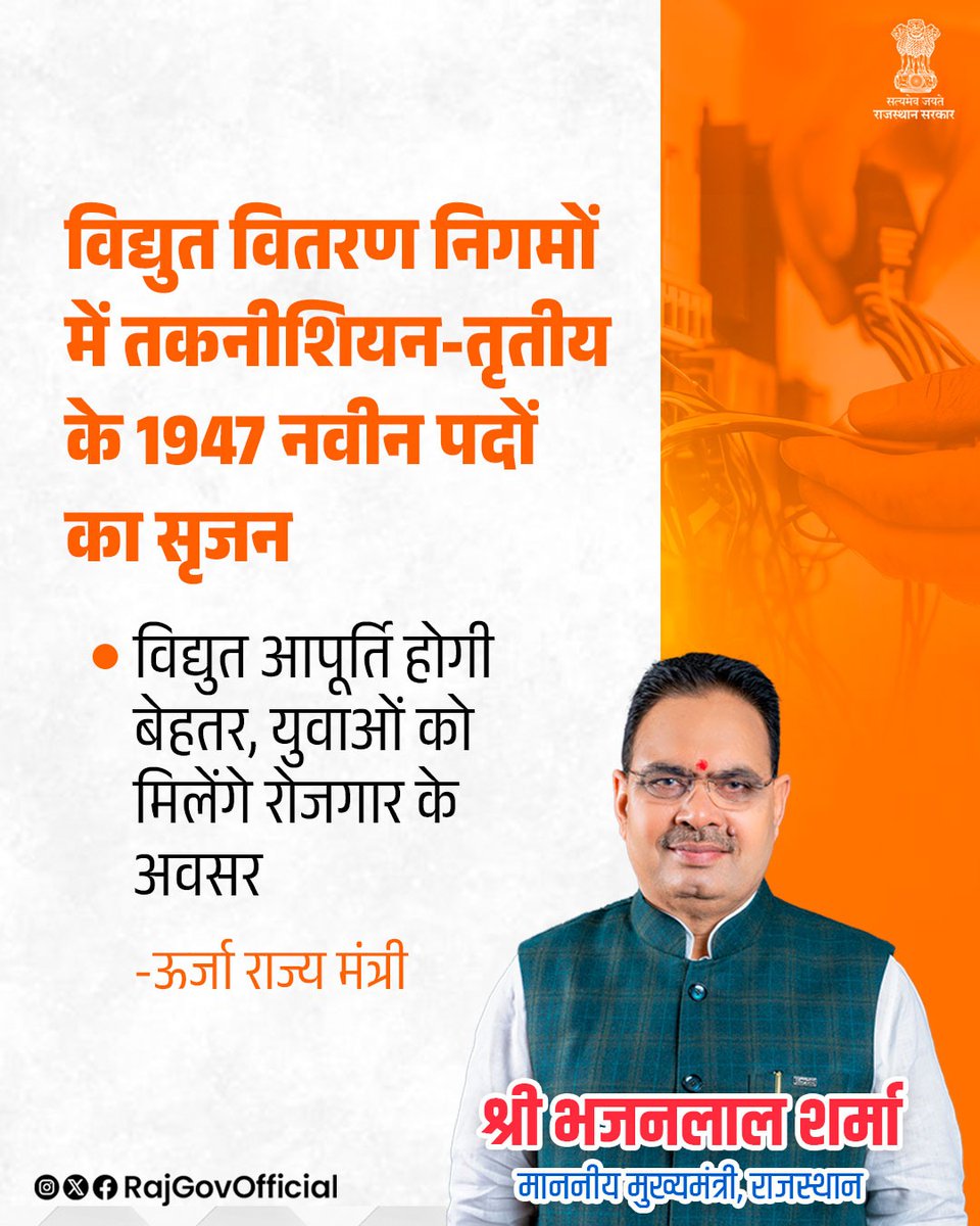 प्रदेश में सरकारी सेवाओं में युवाओं को अधिक से अधिक अवसर देने के क्रम में, राज्य सरकार ने विद्युत वितरण निगमों में तकनीशियन-तृतीय के 1947 नवीन पदों के सृजन तथा इन पदों को सीधी भर्ती से भरे जाने के महत्वपूर्ण प्रस्ताव को वित्तीय स्वीकृति दी है। ऊर्जा राज्य मंत्री (स्वतंत्र प्रभार)