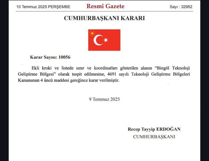 📣Bingöl Üniversitesi bünyesinde  Teknoloji Geliştirme Bölgesi Kuruluyor. 
10 Temmuz 2025 tarihli ve 32952 sayılı Resmî Gazete’de yayımlanan 10056 sayılı Cumhurbaşkanı Kararı ile Bingöl’de Teknoloji Geliştirme Bölgesi kurulması kararlaştırıldı.
4691 sayılı Teknoloji Geliştirme