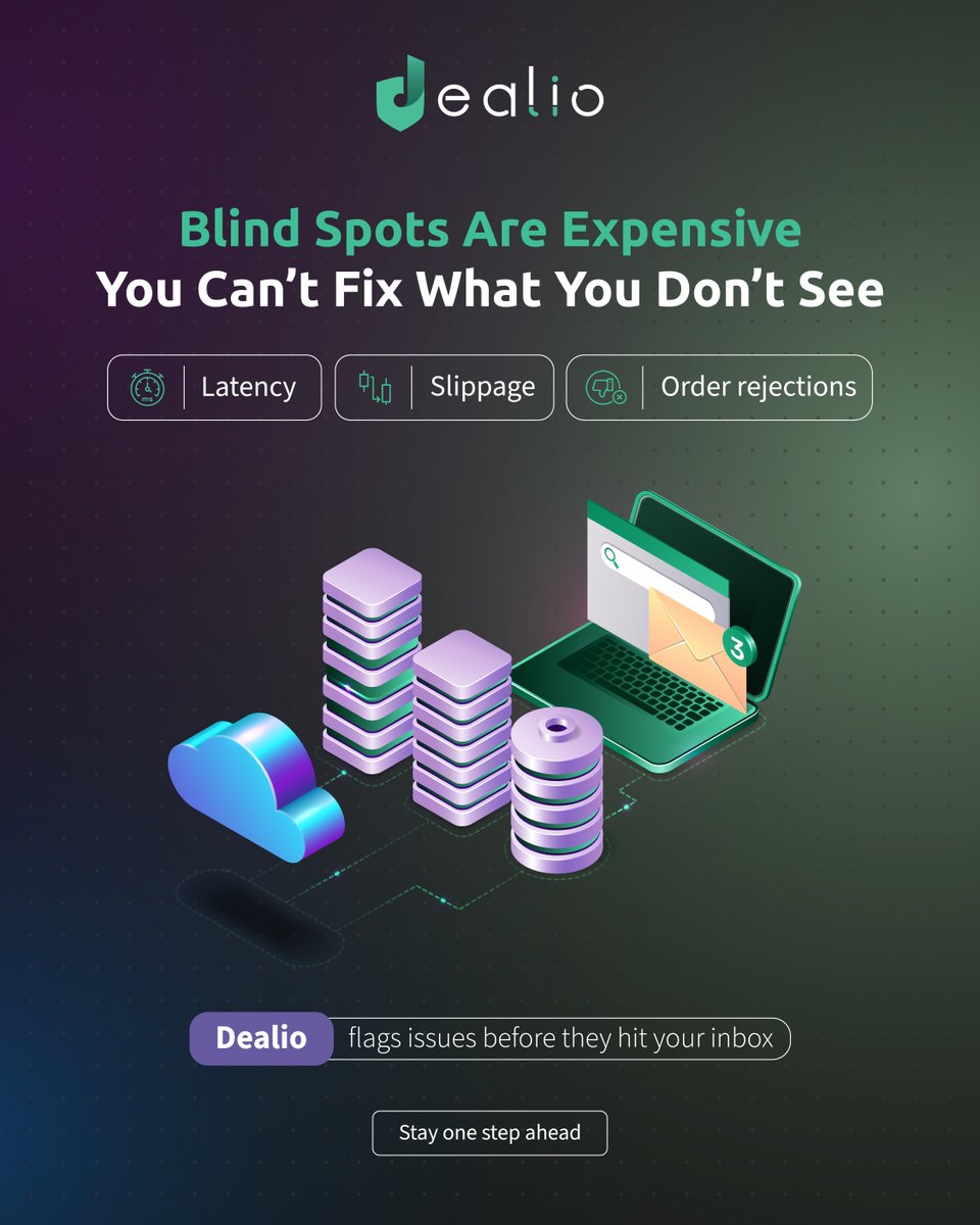 DealioOfficial's tweet image. Blind spots = real losses.
Latency, slippage, failed orders, you can’t fix what you don’t catch.
Dealio flags issues before they reach your inbox.
Stay ahead. Stay in control

(blind spot detection, broker slippage control)

#RiskOps #RealTimeMonitoring #ForexTech #InstantAlerts