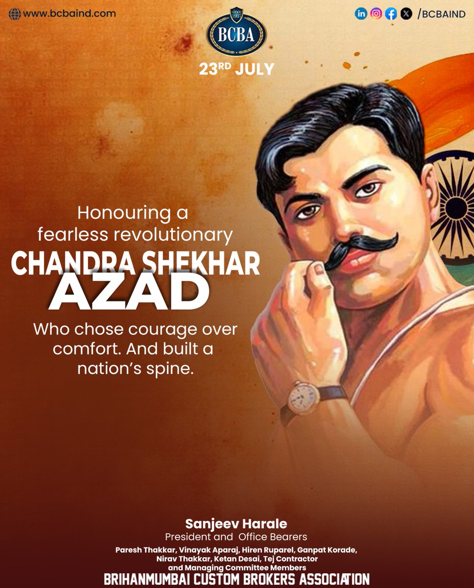 BCBA_IND's tweet photo. Freedom wasn’t just his cause. It was his identity.
Tribute to Chandra Shekhar Azad — the fire behind India’s freedom.
#BCBA #ChandraShekharAzad #FreedomFighter #IndianHeroes #AzadForever #TributeToHeroes #IndiaRemembers #DeshKeVeer #JaiHind https://t.co/wDli5ukW6S