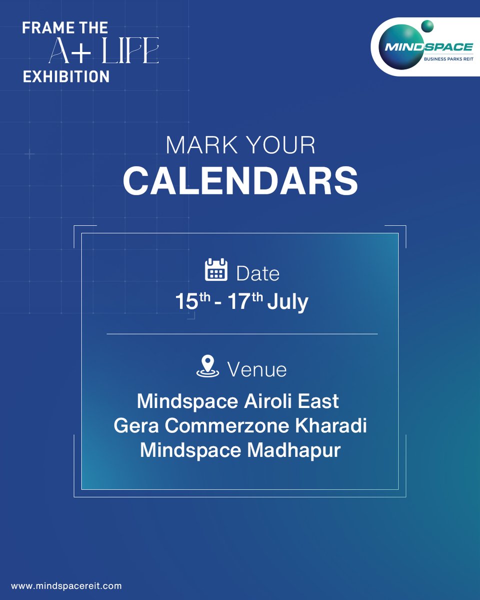 Mindspace Business Parks (@mindspace_parks) on Twitter photo Frame the A+ Life’ 📸 photo exhibition goes live from 15–17 July, showcasing community moments across our campuses!
Catch it at:
📍Airoli East 
📍Kharadi 
📍Madhapur
#MindspaceBusinessParks #Exhibition #Events Frame the A+ Life’ 📸 photo exhibition goes live from 15–17 July, showcasing community moments across our campuses!
Catch it at:
📍Airoli East 
📍Kharadi 
📍Madhapur
#MindspaceBusinessParks #Exhibition #Events