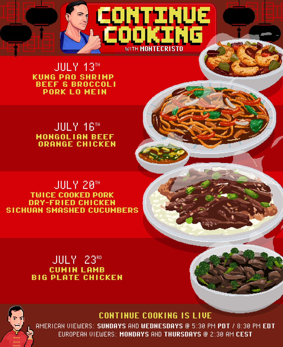 MonteCristo's tweet image. Cooking streams returning next week with a variety of different Chinese food!

We&apos;ll start with a few Chinese-American classics, then a couple Sichuan stir fries, and finish with some more exotic Xinjiang dishes.

Links to streams and socials in the reply!

Art by @atantalas