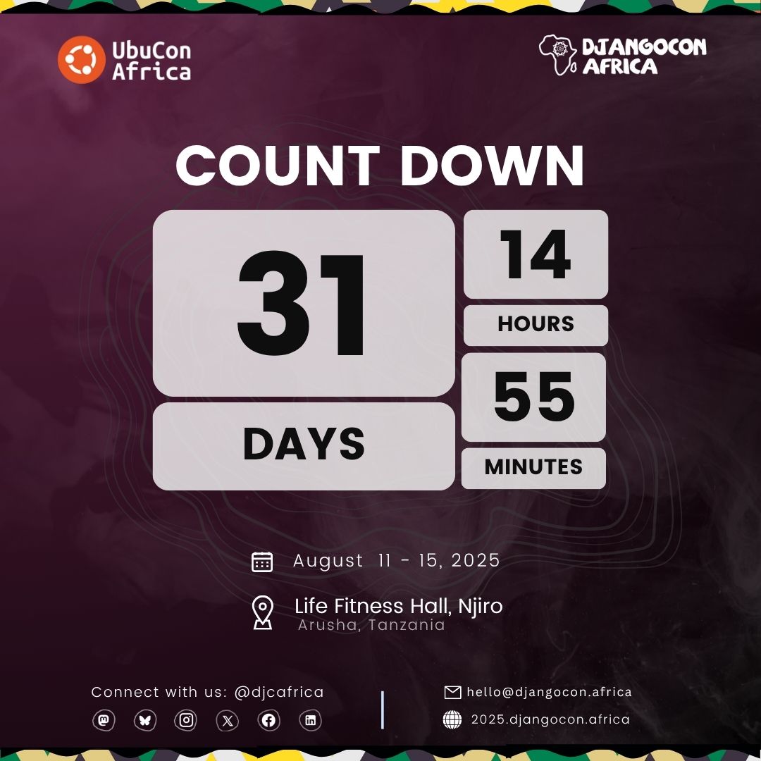 🚨31 DAYS TO GO!🚨

The clock's ticking down to #DjangoConAfrica2025 and it's getting real!🐍
✨ Snag your Early Bird ticket now—before they're history!🎟️🌍
👉 2025.djangocon.africa/en/tickets/

#djcafrica #djcafrica25 #DjangoConAfrica #UbuCon #UbuConAfrica #Django #TechConference #arusha