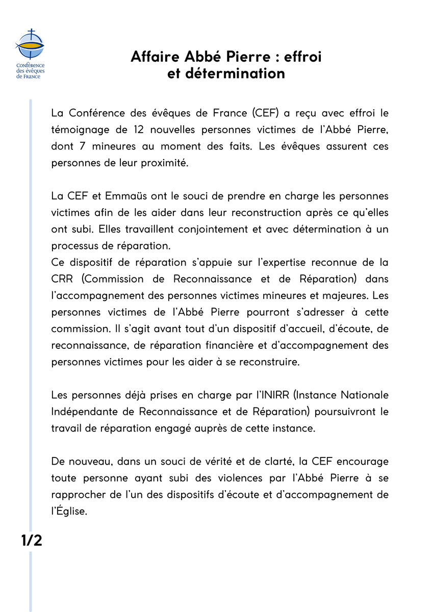 La Conférence des évêques de France (#CEF) a reçu avec effroi le témoignage de 12 nouvelles personnes victimes de l’#AbbéPierre, dont 7 mineures au moment des faits. Les évêques assurent ces personnes de leur proximité. La CEF et Emmaüs travaillent conjointement et avec