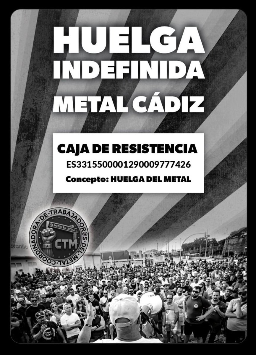 Si algo he hecho bien este mes es (1) no ir a ver Sirat y (2) usar la cuota sindical que antes destinaba a CCOO a la caja de resistencia de lxs trabajadores del metal <a href="/CTM97560609/">@CTM coordinadora de trabajadores del metal</a> 
Dejo aquí la cuenta que es más fácil de copiar y pegar:

👉🏾ES33 1550 0001 2900 0977 7426