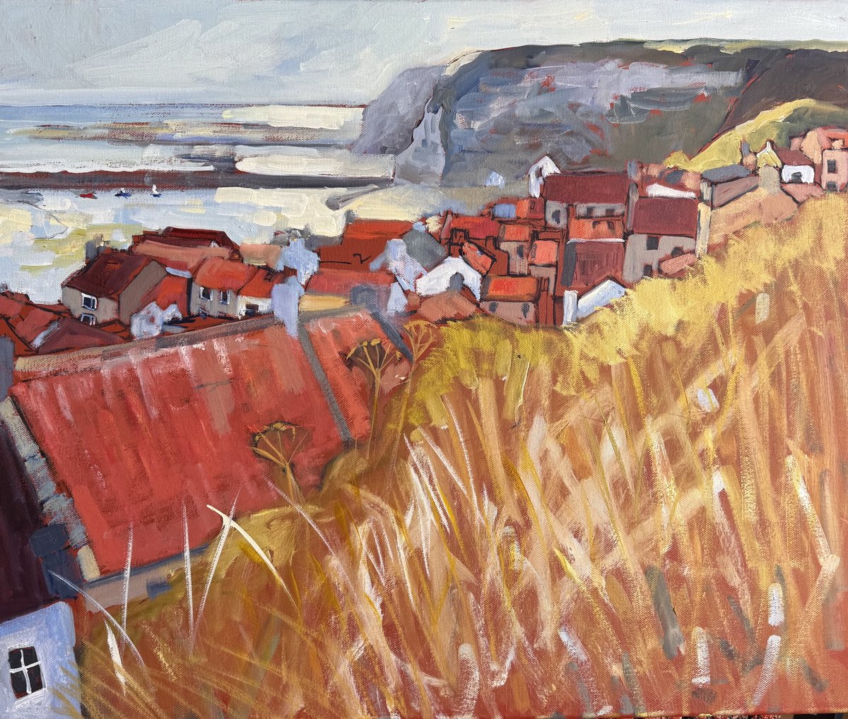 staithesartist's tweet image. #WIP #rooftops #sea #Nabs Staithes on a sunny June day #oils 24x20” #blockcanvas