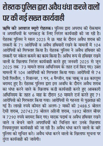 Rohtak Police (@rohtakpolice) on Twitter photo #रोहतक पुलिस द्वारा अवैध धंधा करने वालों पर की गई सख्त कार्यवाही
6 माह के दौरान 175 आरोपियो को किया गया गिरफ्तार
25122 बोतल शराब, 76 अवैध हथियार व 88 कारतूस बरामद
<a href="/cmohry/">CMO Haryana</a> #रोहतक पुलिस द्वारा अवैध धंधा करने वालों पर की गई सख्त कार्यवाही
6 माह के दौरान 175 आरोपियो को किया गया गिरफ्तार
25122 बोतल शराब, 76 अवैध हथियार व 88 कारतूस बरामद
<a href="/cmohry/">CMO Haryana</a>