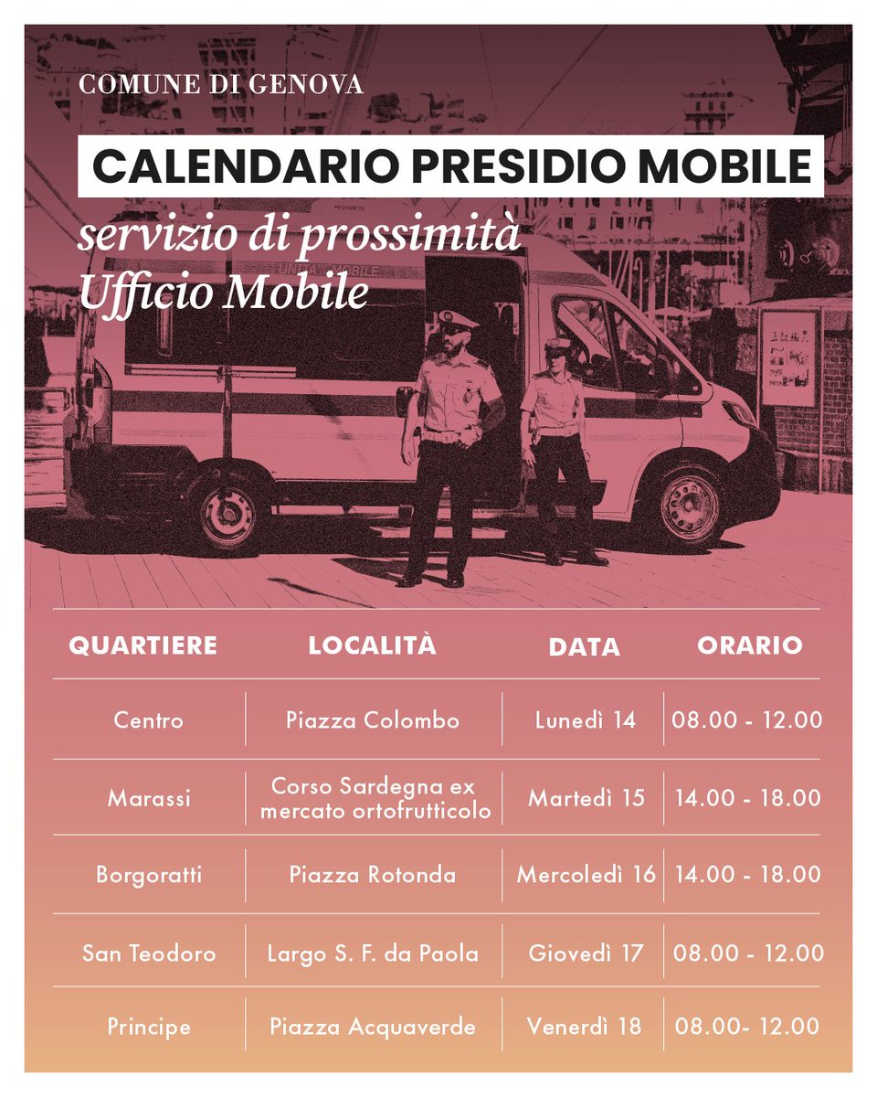Il servizio di prossimità dell'Ufficio Mobile della Polizia Locale continua anche la prossima settimana.

Ecco il calendario dal 14 al 18 luglio ⬇️