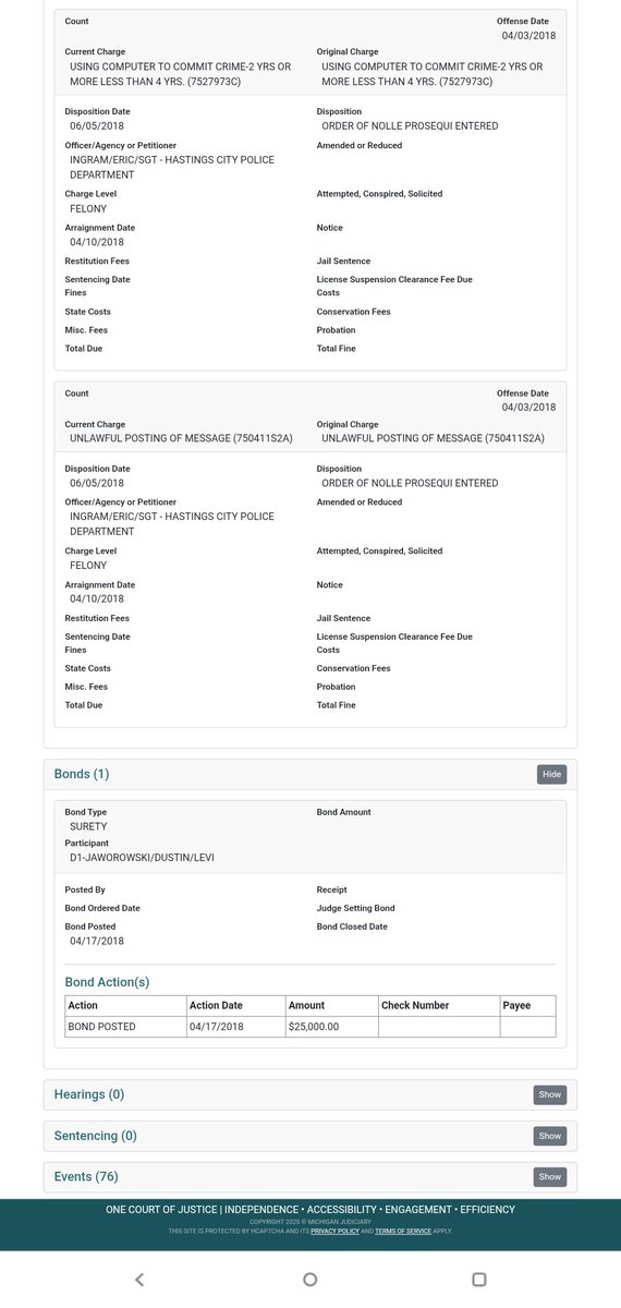 Unlawful post of Messages is the most ridiculous charge ever known to man

Tried to hang one one on 2 Felonies

Year 2018

Bail cost  $25,000

Because they couldn't get my father to control the narrative, they ran like a bitch begging for Nolle Prosequi on both charges