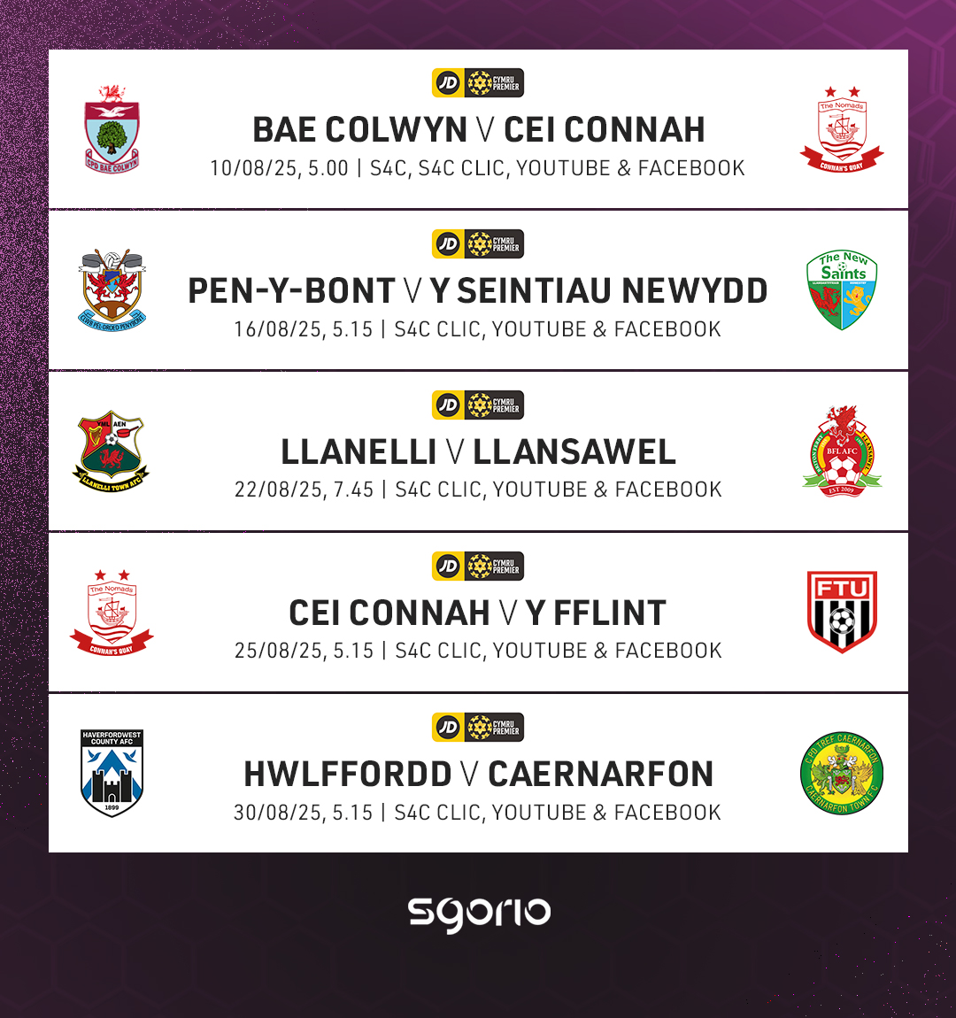 GEMAU BYW CYNTA'R TYMOR 🤩⚽️

The opening live JD Cymru Premier matches of the new season have been confirmed! ✅

#JDCymruPremier