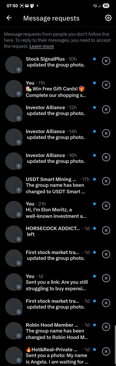 Twitter messaging is so fucking cooked. This is last 24h. I can't imagine how spammed proper accounts with some real engagements are getting.