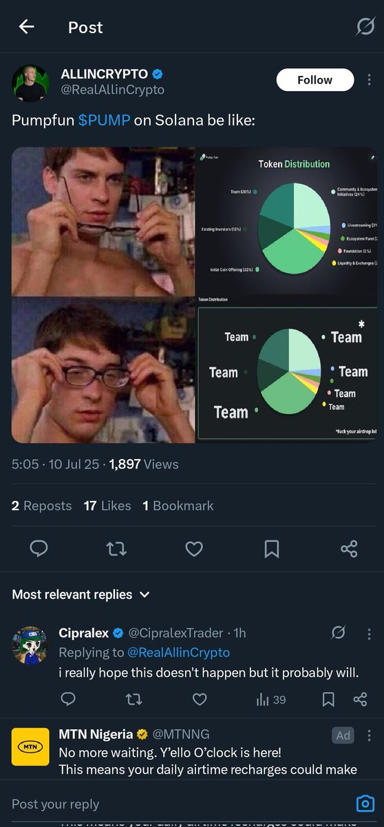 _TrendingCrypto's tweet photo. https://t.co/A3t2FQpatY, pumpdotfun, pumpfun and other related words are trending after announcing the long-anticipated launch of its native token, $PUMP, sparking both excitement and backlash across the crypto space. The Solana-based memecoin launchpad, known for letting anyone mint tokens in seconds, confirmed its token sale for July 12–15, offering 15% of the supply in a first-come-first-served format.

While some see this as a huge leap forward, positioning https://t.co/A3t2FQpatY as a dominant force in memecoin infrastructure, others are raising serious red flags. Critics are calling the tokenomics an “exit presale” that heavily favors insiders, with no purchase caps and the potential for whales to dominate the sale. A now-deleted presale page by https://t.co/826ahZiNCc and questionable allocation charts have only fueled skepticism.

Despite the controversy, hype remains high. Supporters are optimistic about potential airdrops and the token’s role in shaping the platform’s future, but skepticism is spreading fast. Memes comparing the distribution to a team cash grab and warnings from analysts about retail being left with "crumbs" show the mixed mood. In short: $PUMP is hot, but trust is fragile.

Follow @_TrendingCrypto and turn on notifications 🔔 for explanations of trends on CT as they unfold!