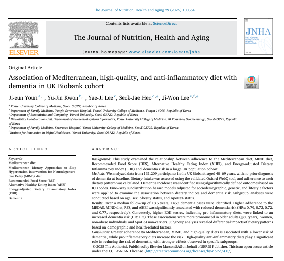 「炎症を抑える食事」が認知症リスクを下げ、「炎症を促進する食事」はリスクを高める可能性を示唆する研究。
英国約13万人の追跡調査によれば、地中海食などを実践する人は認知症リスクが低く、炎症を招く食事を好む人はリスクが高くなると示唆された。
炎症を抑える食事が認知症の予防になるかも。