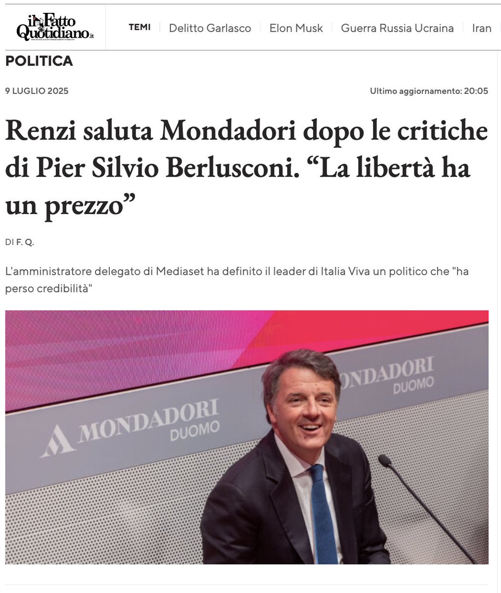 “Renzi si scopre vergine: ‘Non baratto la libertà coi soldi di Berlusconi’. Ma ci ha scritto sopra tre libri.”
Matteo Renzi rompe con Mondadori. Dice che la libertà ha un prezzo. E per lui vale più dei soldi. Commosso? Non essere scemo.Questo è lo stesso che per anni ha firmato