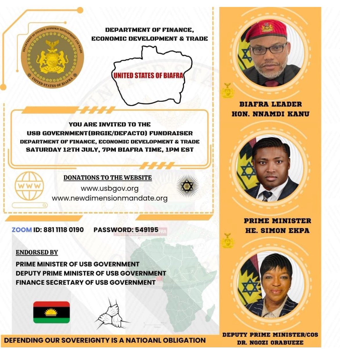 Breaking:

It Will Rain Again This Saturday 💃💃🌧 ⛈️⛈️⛈️⛈️🌩

USB Fundraising: Please join us: 

Time:  Saturday, July 12, 2025.

7:00 PM Biafra time
02:00 PM Eastern Time (US and Canada)

Join Zoom Meeting
us02web.zoom.us/j/85836715844?…

Meeting ID: 858 3671 5844
Passcode: 259733