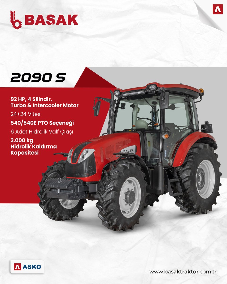 2090 S
🔺92 HP, 4 Silindir, Turbo &amp; Intercooler Motor
🔺24+24 Vites
🔺540/540E PTO Seçeneği
🔺6 Adet Hidrolik Valf Çıkışı
🔺3.000 kg Hidrolik Kaldırma Kapasitesi

#BAŞAKTraktör #BAŞAK2090S #2090S #2000serisi #Traktör #Çiftçi #Tarla #Bahçe #BAŞAKAgri #ASKO #ASKOHolding