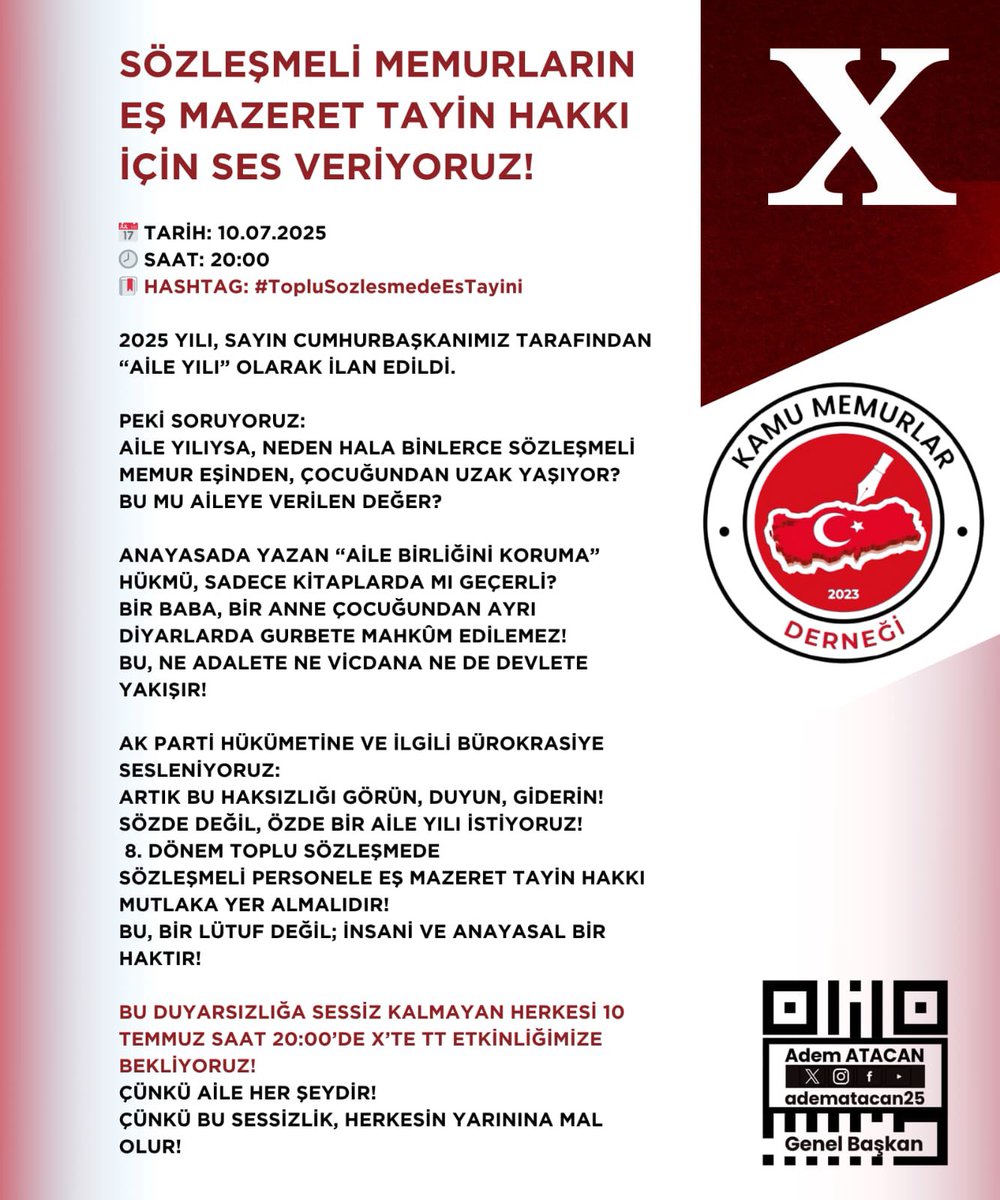 𝓐𝓭𝓮𝓶 𝓐𝓽𝓪𝓬𝓪𝓷 (@adematacan25) on Twitter photo BU SOSYAL MEDYA ETKİNLİKLERİNİN AMACI:
SÖZLEŞMELİ MEMURLARIN FERYADLARINI İLGİLİ KİŞİ VE KURUMLARA DUYURMAKTIR.
SN. CUMHURBAŞKANIM <a href="/RTErdogan/">Recep Tayyip Erdoğan</a>
2025 YILI AİLE YILI OLSUN İSTİYORUZ.
SÖZLEŞMELİ MEMURLAR EŞ VE ÇOCUKLARINDAN AYRI BIRAKILIYOR…!
DEĞERLİ SÖZLEŞMELİ MEMUR BU SOSYAL MEDYA ETKİNLİKLERİNİN AMACI:
SÖZLEŞMELİ MEMURLARIN FERYADLARINI İLGİLİ KİŞİ VE KURUMLARA DUYURMAKTIR.
SN. CUMHURBAŞKANIM <a href="/RTErdogan/">Recep Tayyip Erdoğan</a>
2025 YILI AİLE YILI OLSUN İSTİYORUZ.
SÖZLEŞMELİ MEMURLAR EŞ VE ÇOCUKLARINDAN AYRI BIRAKILIYOR…!
DEĞERLİ SÖZLEŞMELİ MEMUR