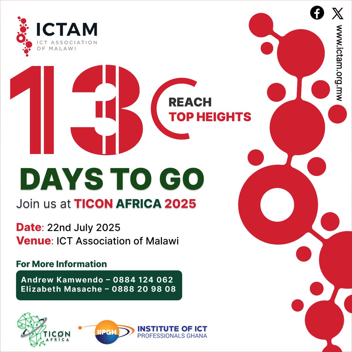 🚨 14 DAYS TO GO!
📅 TICON Africa 2025 is happening on 22nd July 2025!
📍 ICT Association of Malawi
Don’t miss Africa’s premier ICT conference!
🤝 Powered by @ICTAMalawi x @IIPGH_Ghana

#TICONAfrica2025 #MalawiICT #TechExcellence #AfricaRising