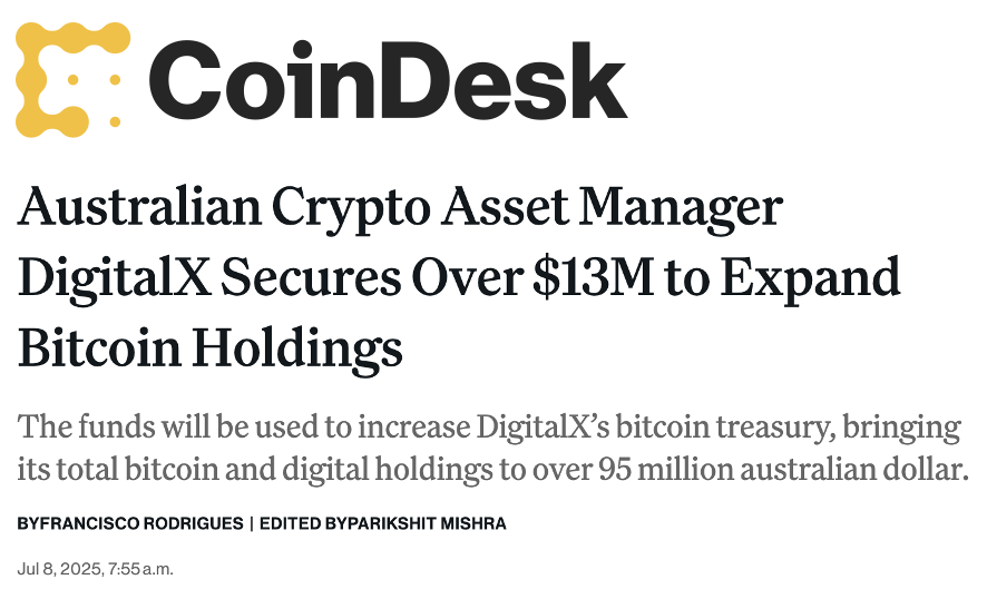 DigitalXLtd's tweet image. Global eyes on DigitalX.
@CoinDesk covers our latest raise and our push to expand our Bitcoin-first strategy.
Read the article here: coindesk.com/business/2025/…