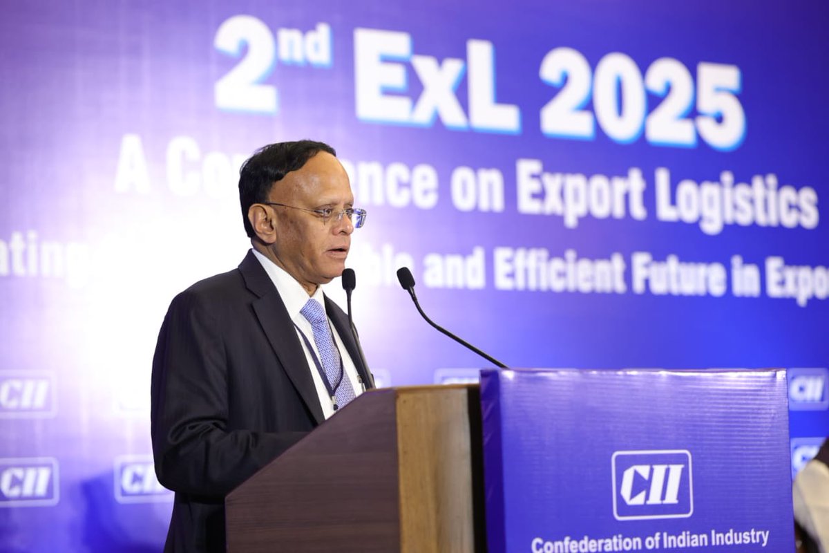 CII4Global's tweet photo. Through bold initiatives like the #PMGatiShakti National Master Plan, the #NationalLogistics Policy, and #PLI schemes, the Government of India is modernising and digitising #logistics infrastructure. These efforts reflect an integrated, multimodal, and data-driven approach - transforming logistics from a bottleneck into a catalyst for exports. -~Mr. B Thiagarajan, Chairman, CII Trade Fairs Council and CII National Committee on CSR and Managing Director, Blue Star Limited, at the  2nd ExL 2025: A Conference on Export Logistics, held in New Delhi on 10 July 2025.
#Exportlogistics #trade #connectivity
@bthiagarajan @followCII @DoC_GoI