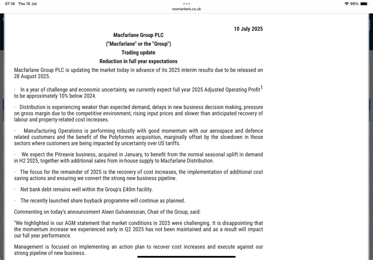 #MACF A bonus point to Macfarlane for clearly heading their RNS ‘Reduction in full year expectations’ &amp; not letting PR’s dilute it

It may be a Profit Warning ⚠️ but at least we know why &amp; it’s quantified

Things remain tough in the world of packaging- guess it’s not a surprise