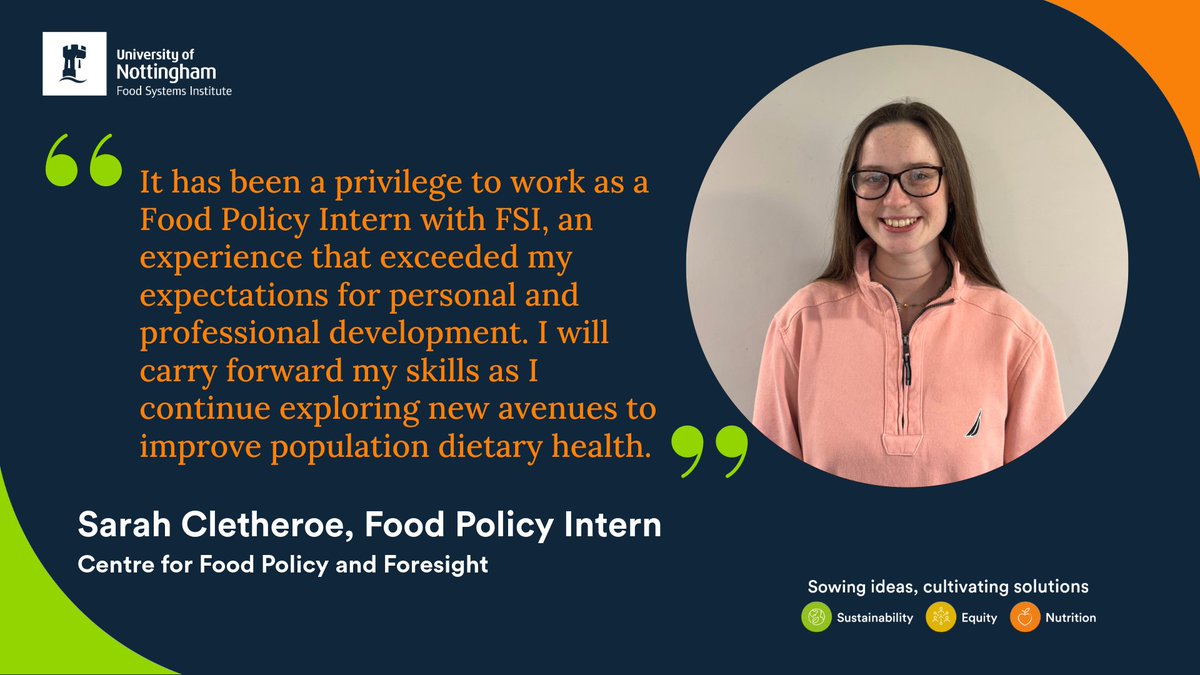 Food Systems Institute, University of Nottingham (@uonfoodsystems) on Twitter photo 👩🎓 Meet #FoodPolicy intern Sarah Cletheroe, a Nutrition & Dietetics student at <a href="/UoNBiosciences/">UoNBiosciences</a>!
Sarah has been working with 3 FSI associates to develop public engagement food programmes + review bio-accessibility of select food products.
🔗 ow.ly/syOh50WmbOx 👩🎓 Meet #FoodPolicy intern Sarah Cletheroe, a Nutrition & Dietetics student at <a href="/UoNBiosciences/">UoNBiosciences</a>!
Sarah has been working with 3 FSI associates to develop public engagement food programmes + review bio-accessibility of select food products.
🔗 ow.ly/syOh50WmbOx