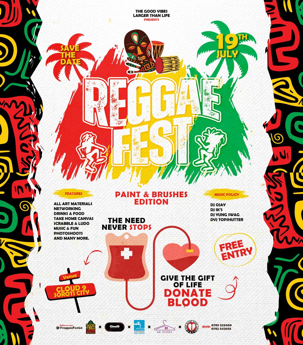 RaggaeFest24's tweet photo. Donating blood is an incomparable act of selflessness, quite simply granting the gift of life. On the 19th of this month join us  at Cloud9 Arena. Gates open Early at 10AM

 Donating blood is a way to make a real difference in the world, one donation at a time🙏❤️💛💚 https://t.co/ekbkuBSe1x