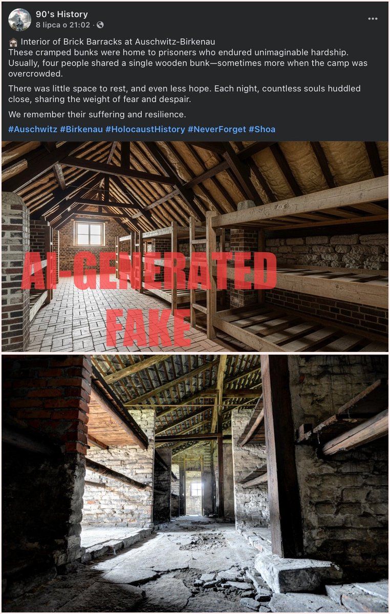 Creating and spreading fake, AI-generated images of Auschwitz is a dangerous act of distortion. It not only falsifies history. It also desecrates and harasses the memory of the victims.

Below is an example of such a fabricated image: an AI-generated image of a prisoner barracks