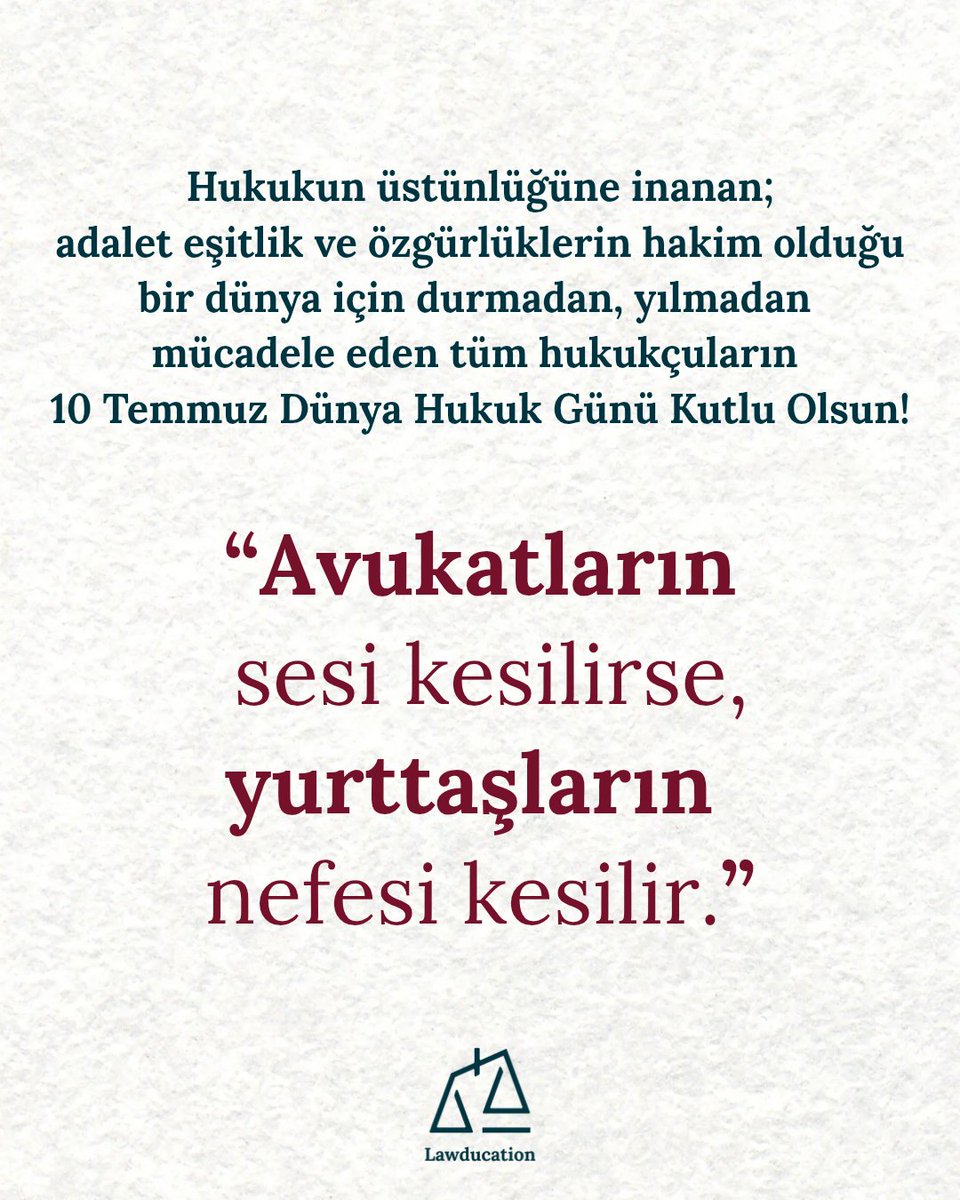 lawducationco's tweet photo. Hukukun üstünlüğüne inanan;
adalet eşitlik ve özgürlüklerin hakim olduğu
bir dünya için durmadan, yılmadan 
mücadele eden tüm hukukçuların 
10 Temmuz Dünya Hukuk Günü Kutlu Olsun! ⚖️

Biliyoruz ki “Bağımsızlık, gelecek, hürriyet, her şey adaletle ayaktadır.” 🙌🏻

#hukuk #adalet #avukat #dünyahukukgünü #niteliklihukukeğitimi