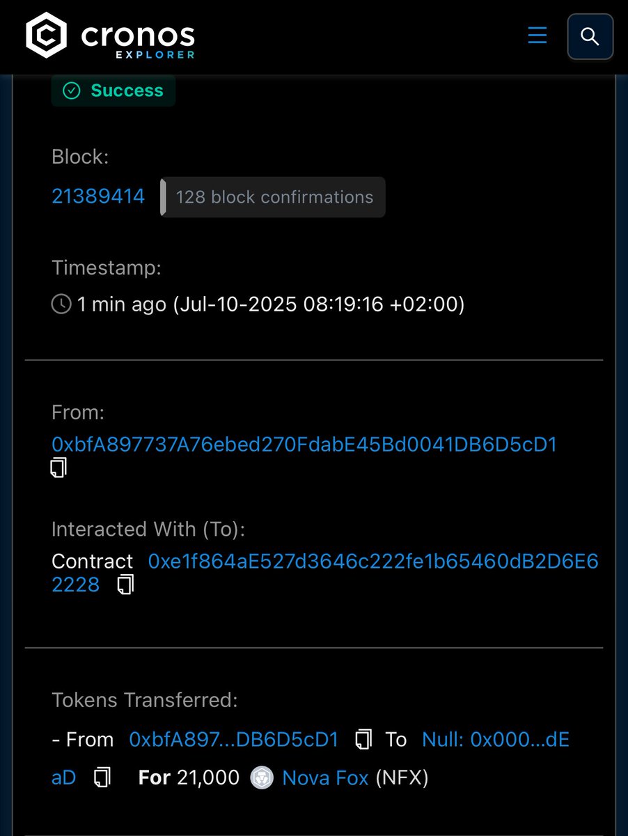 NovaLabs_X's tweet image. #CroFAM
You doubt $NFX?
We burn supply..
0xc9d25a326a35d1620aa3b07102248eafc17f4fa6dddd12c7ed4e42802c3378ea
$1000 out of supply.. forever 🫡
$Cro
#Cronos