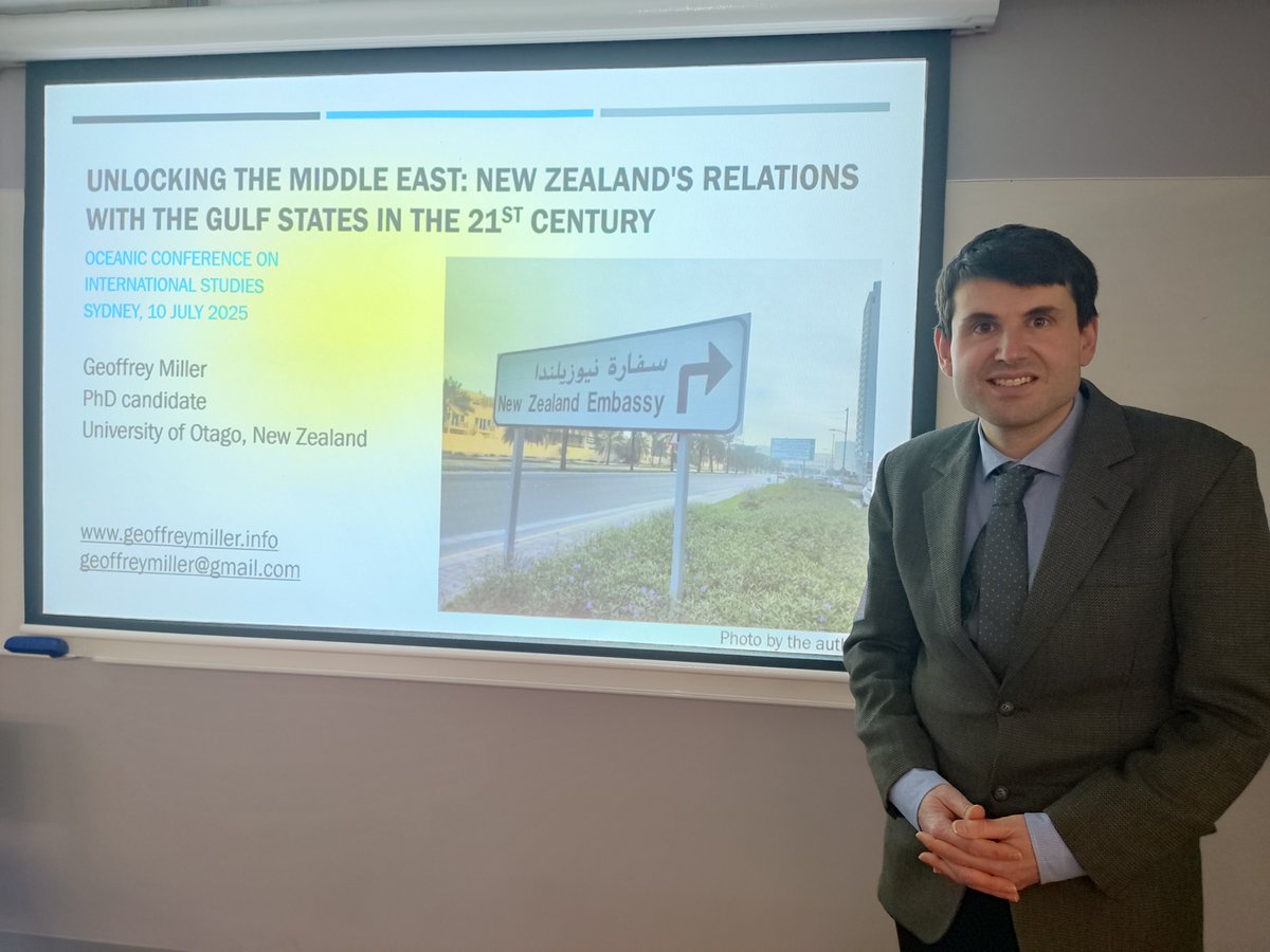 GeoffMillerNZ's tweet image. I&apos;m excited to be at the 11th Oceanic Conference on International Studies (OCIS), hosted by the University of New South Wales (UNSW) in Sydney this week. I presented a paper on the findings of my PhD research. Thanks @Otago for helping me to be here. #OCIS2025 @JohnBlaxland1